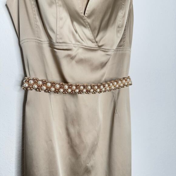 Kay Unger Champagne Satin Embellished Pearl Belt Sleeveless Midi Dress Size 12 - Picture 2 of 10